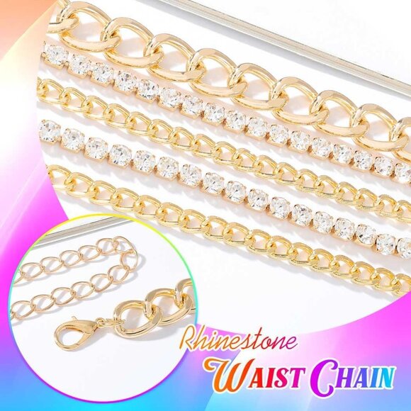 Rhinestone Chain Belt Gold Waist Chain Jewelry for Women Adjustable Sparkly - Picture 4 of 9